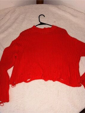 Zara Red Distressed Chunky Knit Sweater - Women Tops